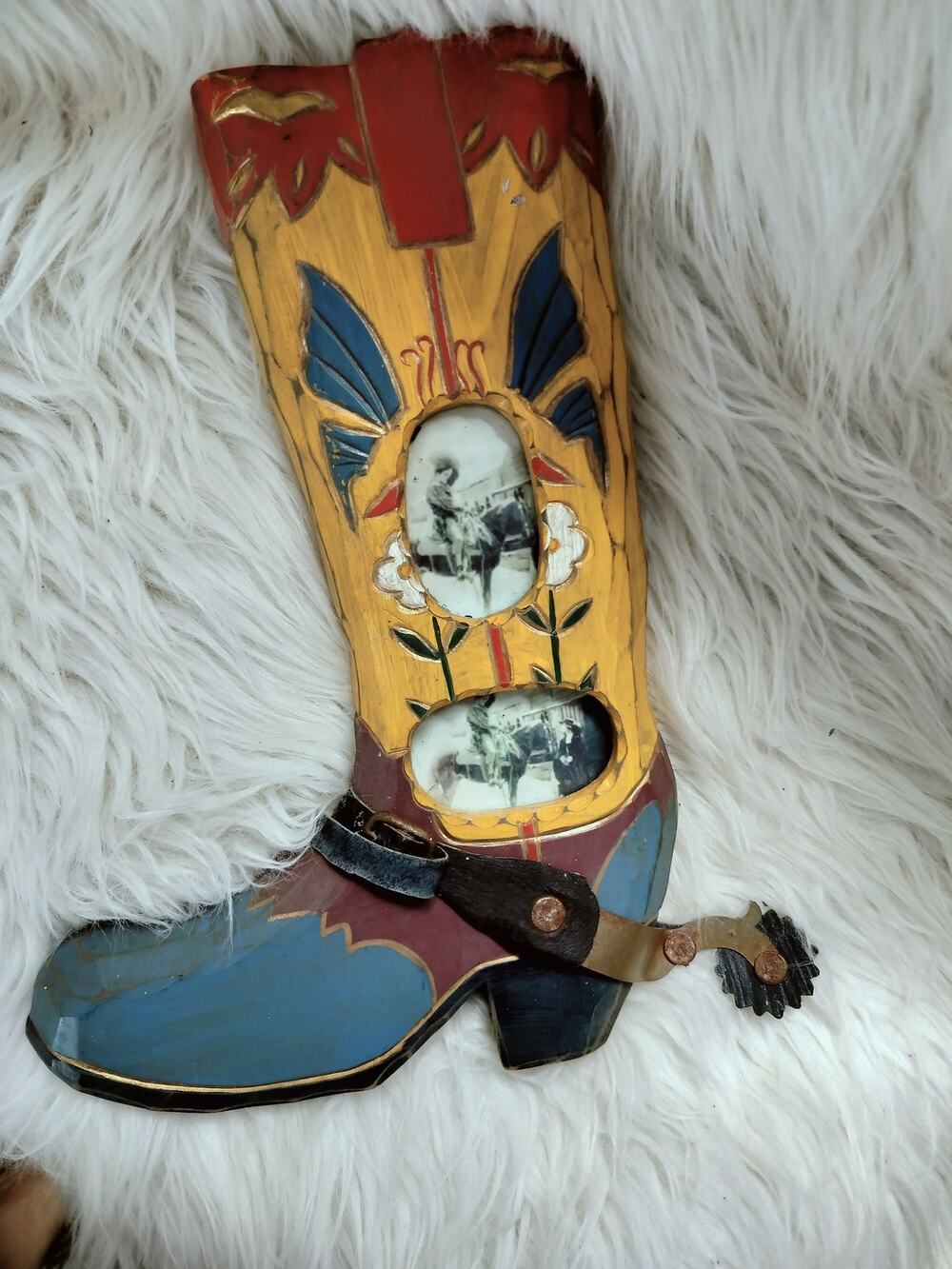 Vintage Wooden Cowboy Boot-Shaped Double Picture Frame with Attached Metal Spur